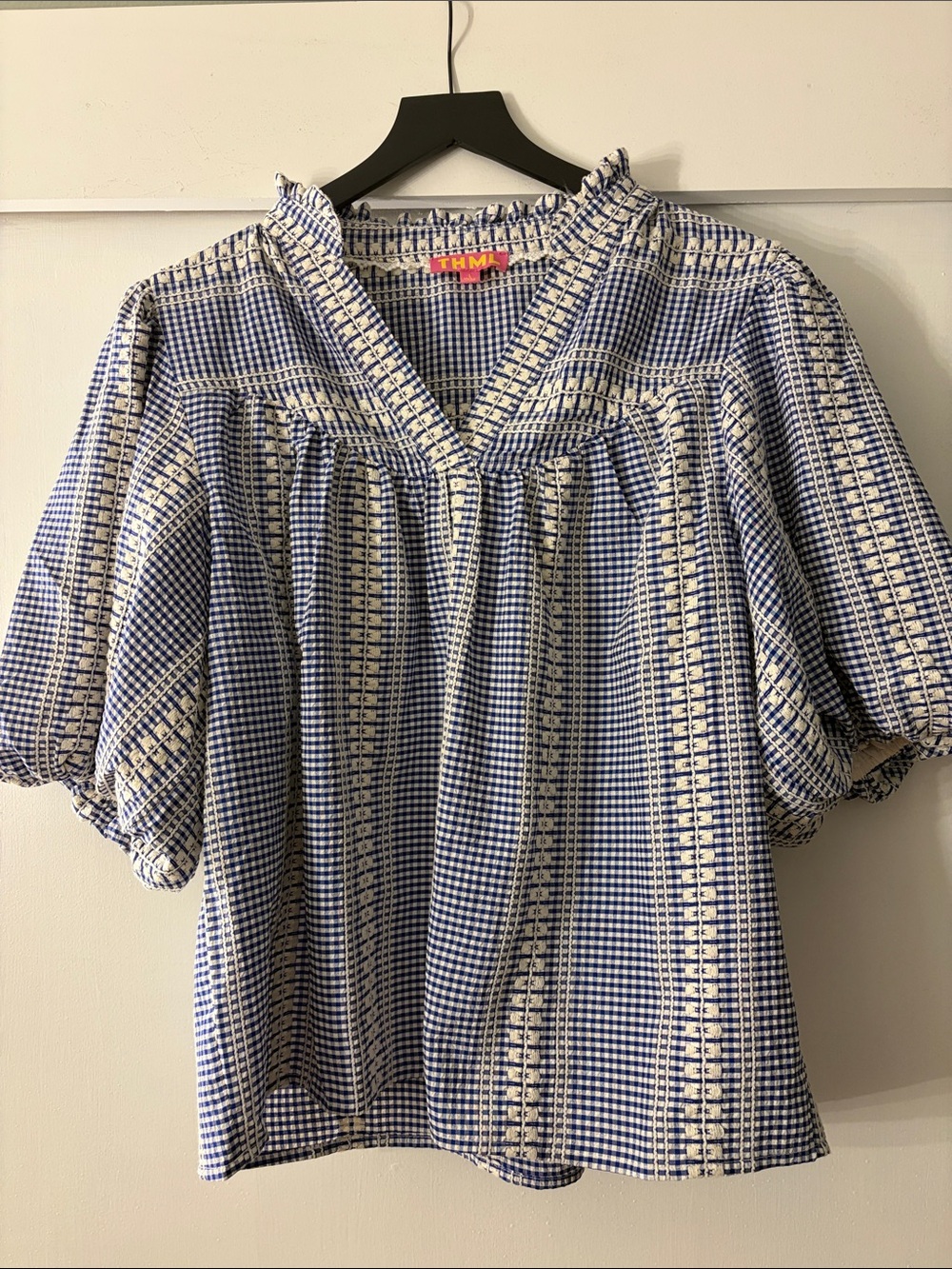 THML Blue and White Checked Puff-Sleeve Boho Blouse